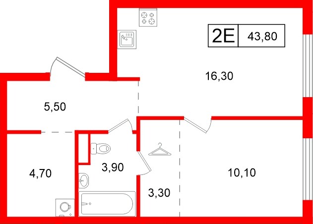Квартира в ЖК Витебский парк, 1 комнатная, 43.8 м², 11 этаж