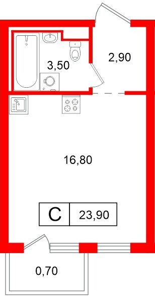 Планировка — Студия квартира, 23,9 м² в ЖК «Витебский парк»