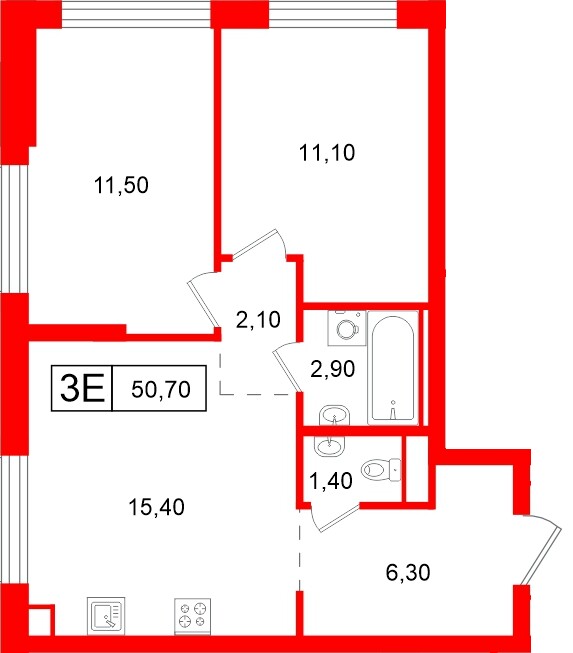 Квартира в ЖК Витебский парк, 2 комнатная, 50.7 м², 2 этаж