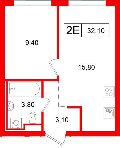 Планировка — 1-комн квартира, 32,1 м² в ЖК «Витебский парк»