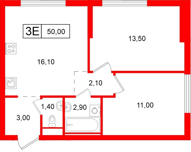 Квартира в ЖК Витебский парк, 2 комнатная, 50 м², 9 этаж