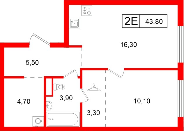 Квартира в ЖК Витебский парк, 1 комнатная, 43.8 м², 3 этаж