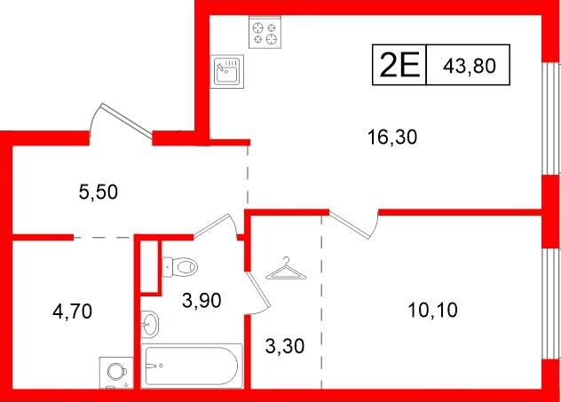Квартира в ЖК Витебский парк, 1 комнатная, 43.8 м², 12 этаж