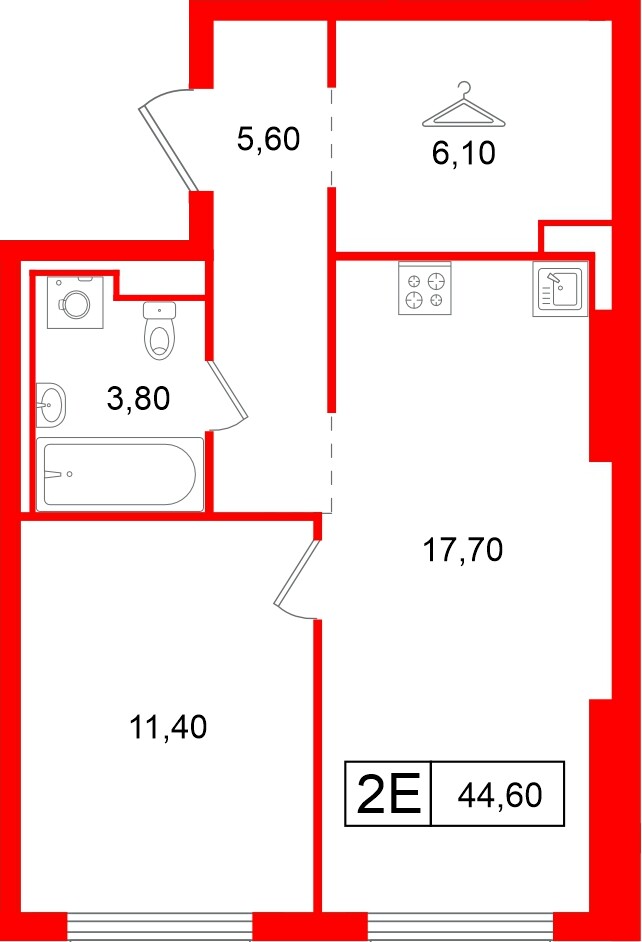 Квартира в ЖК Витебский парк, 1 комнатная, 44.6 м², 12 этаж