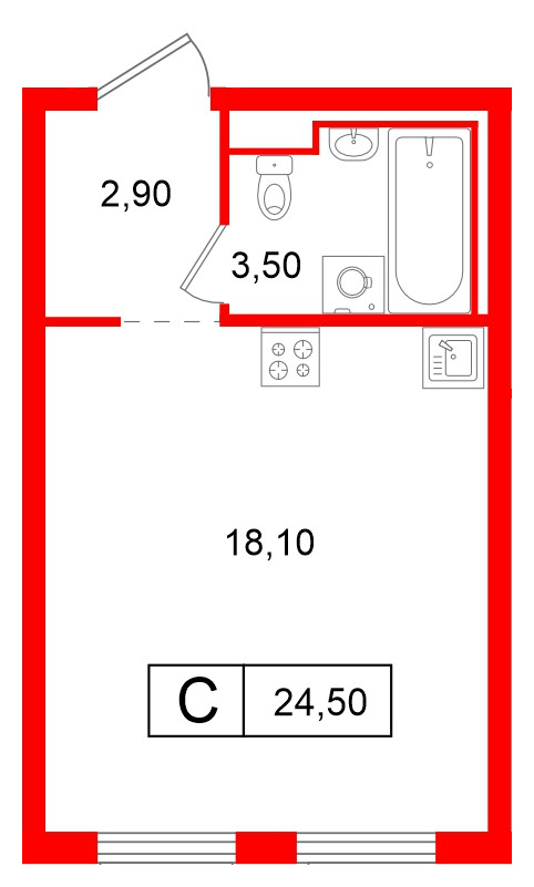 Квартира в ЖК Витебский парк, студия, 24.5 м², 11 этаж