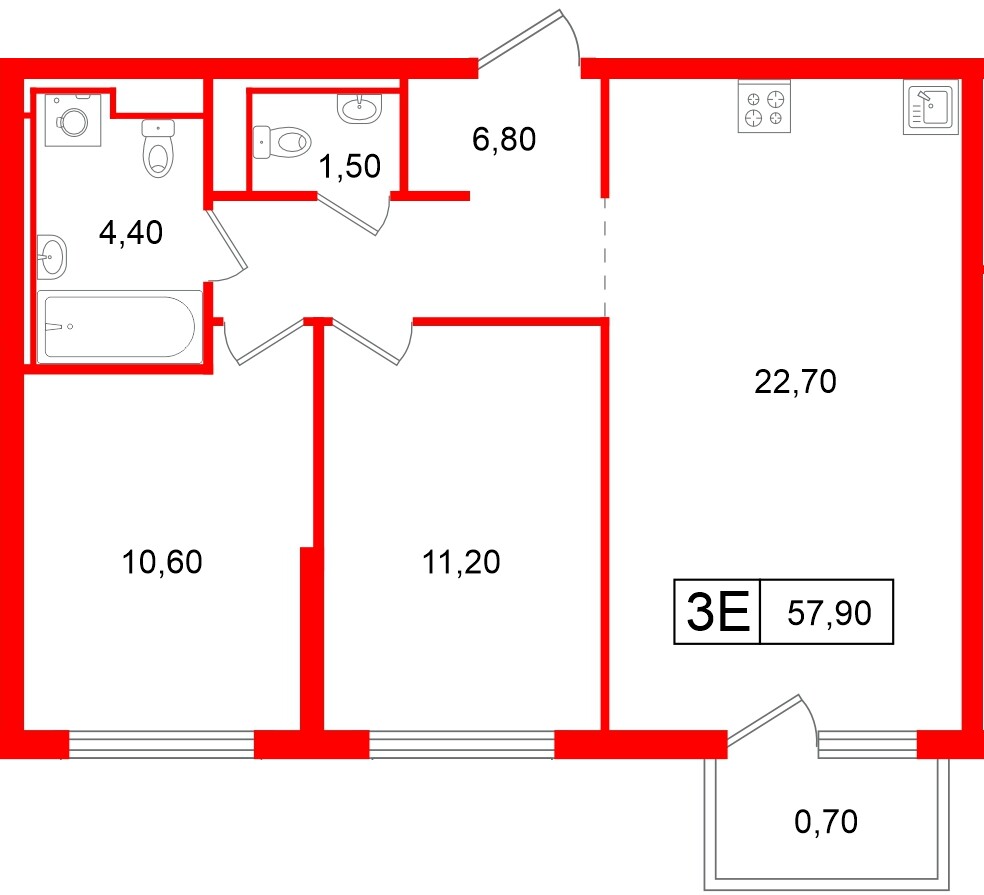 Квартира в ЖК Витебский парк, 2 комнатная, 57.9 м², 8 этаж