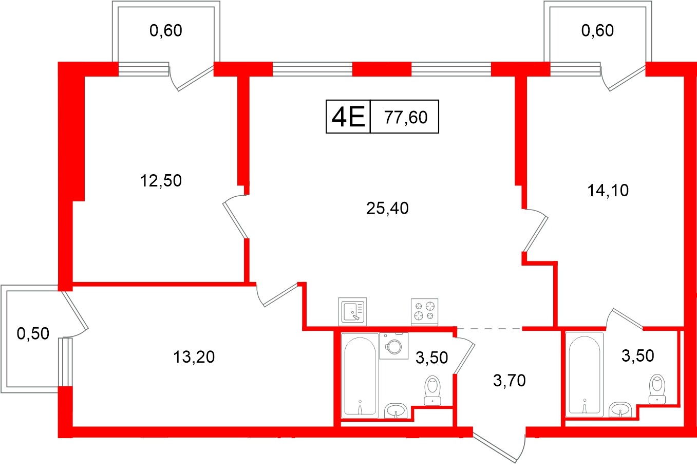 Квартира в ЖК Витебский парк, 3 комнатная, 77.6 м², 6 этаж