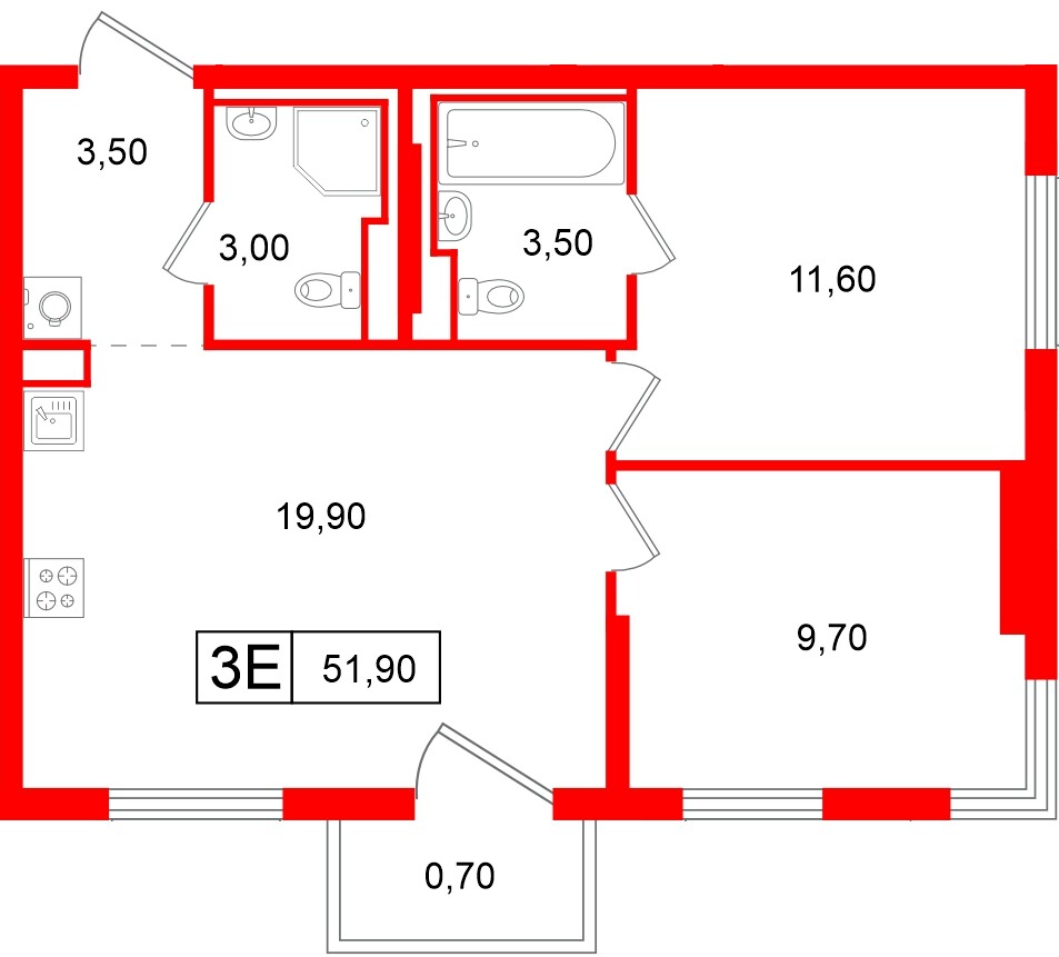 Квартира в ЖК Витебский парк, 2 комнатная, 51.9 м², 12 этаж