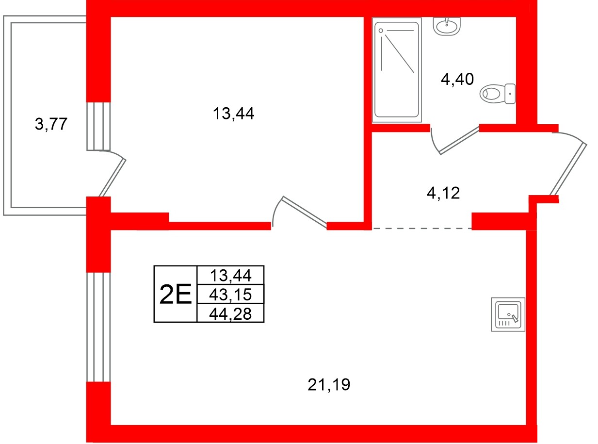 Квартира в ЖК Брусника в Новоселье, 1 комнатная, 44.28 м², 6 этаж