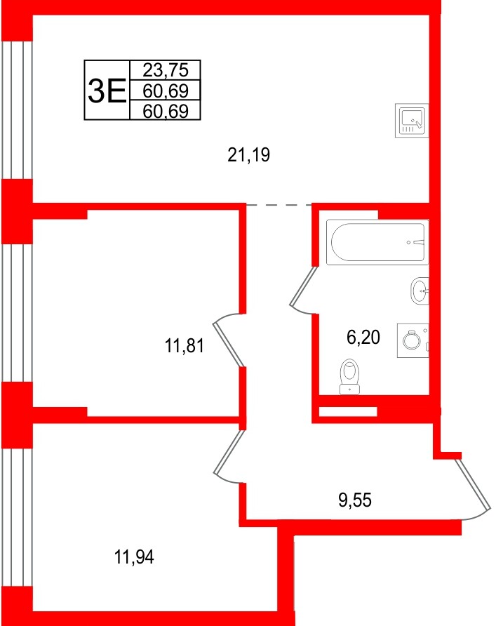 Квартира в ЖК Брусника в Новоселье, 2 комнатная, 60.69 м², 1 этаж