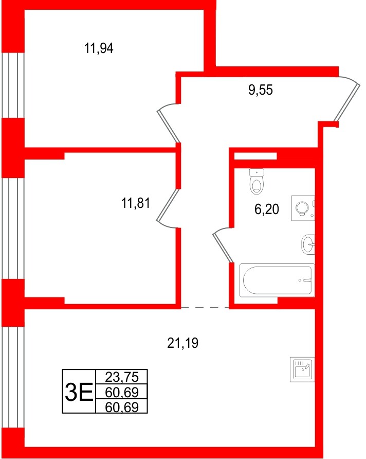 Квартира в ЖК Брусника в Новоселье, 2 комнатная, 60.69 м², 1 этаж