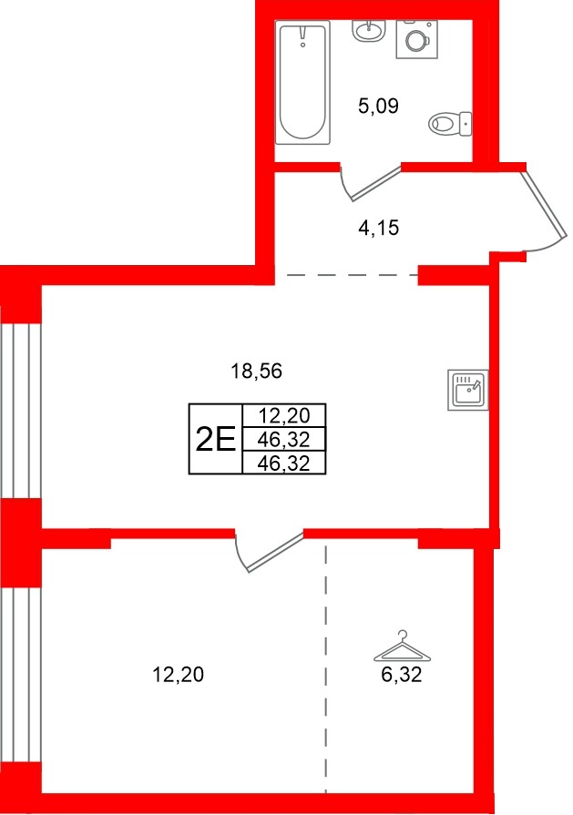 Квартира в ЖК «Брусника в Новоселье», 1 комнатная, 46.32 м², 1 этаж