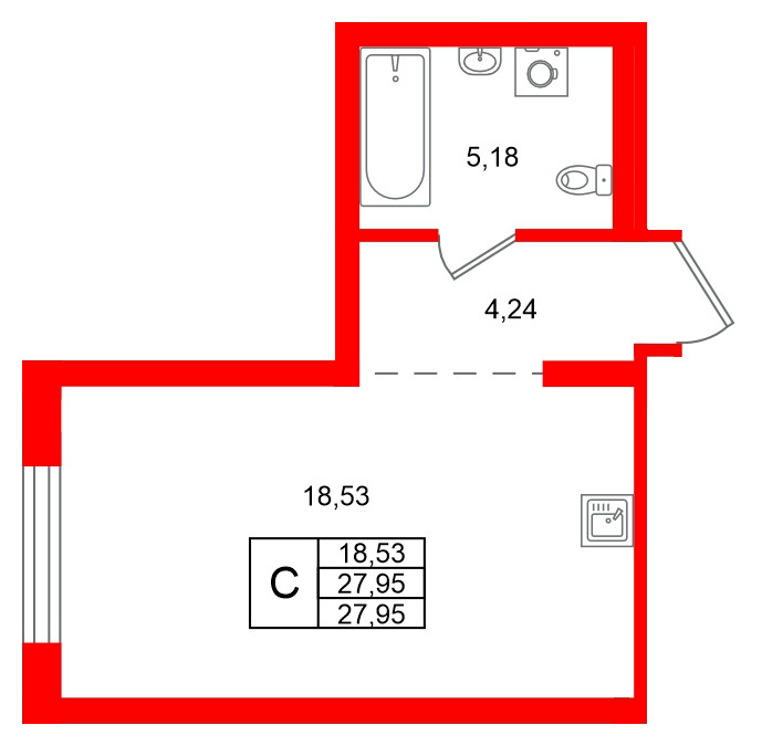 Квартира в ЖК Брусника в Новоселье, студия, 27.95 м², 3 этаж