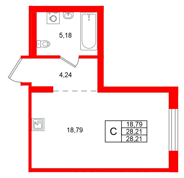 Квартира в ЖК Брусника в Новоселье, студия, 28.21 м², 2 этаж