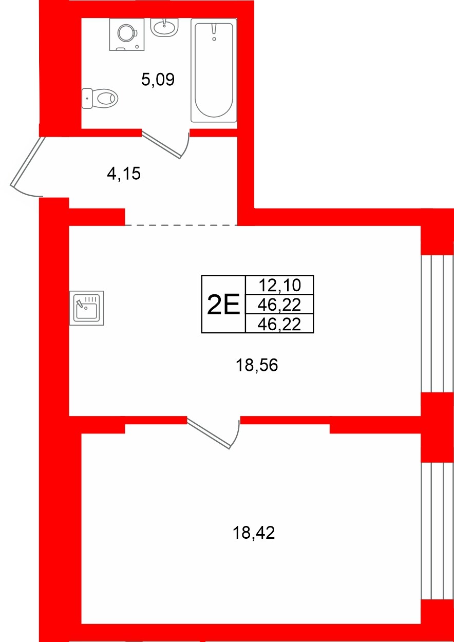 Квартира в ЖК «Брусника в Новоселье», 1 комнатная, 46.22 м², 1 этаж