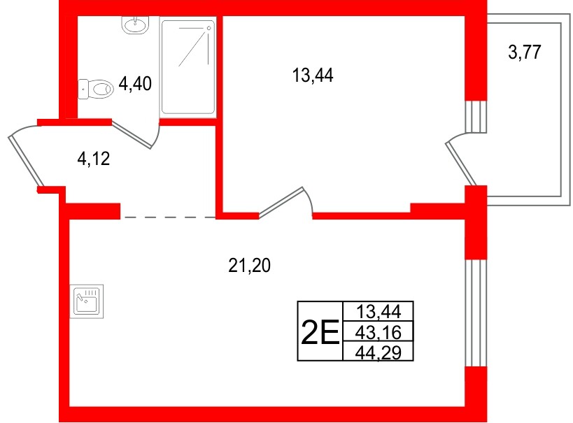 Квартира в ЖК «Брусника в Новоселье», 1 комнатная, 44.29 м², 5 этаж