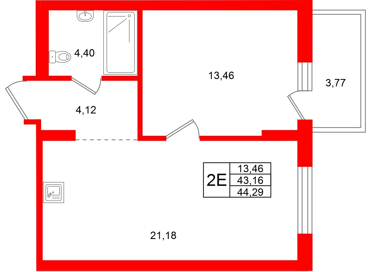 Квартира в ЖК «Брусника в Новоселье», 1 комнатная, 44.29 м², 5 этаж