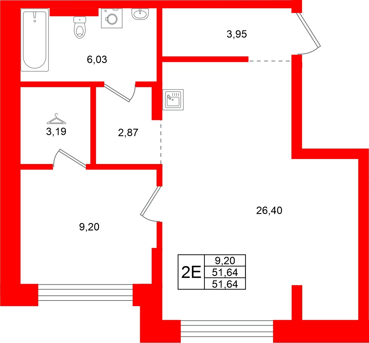 Квартира в ЖК «Брусника в Новоселье», 1 комнатная, 51.64 м², 1 этаж