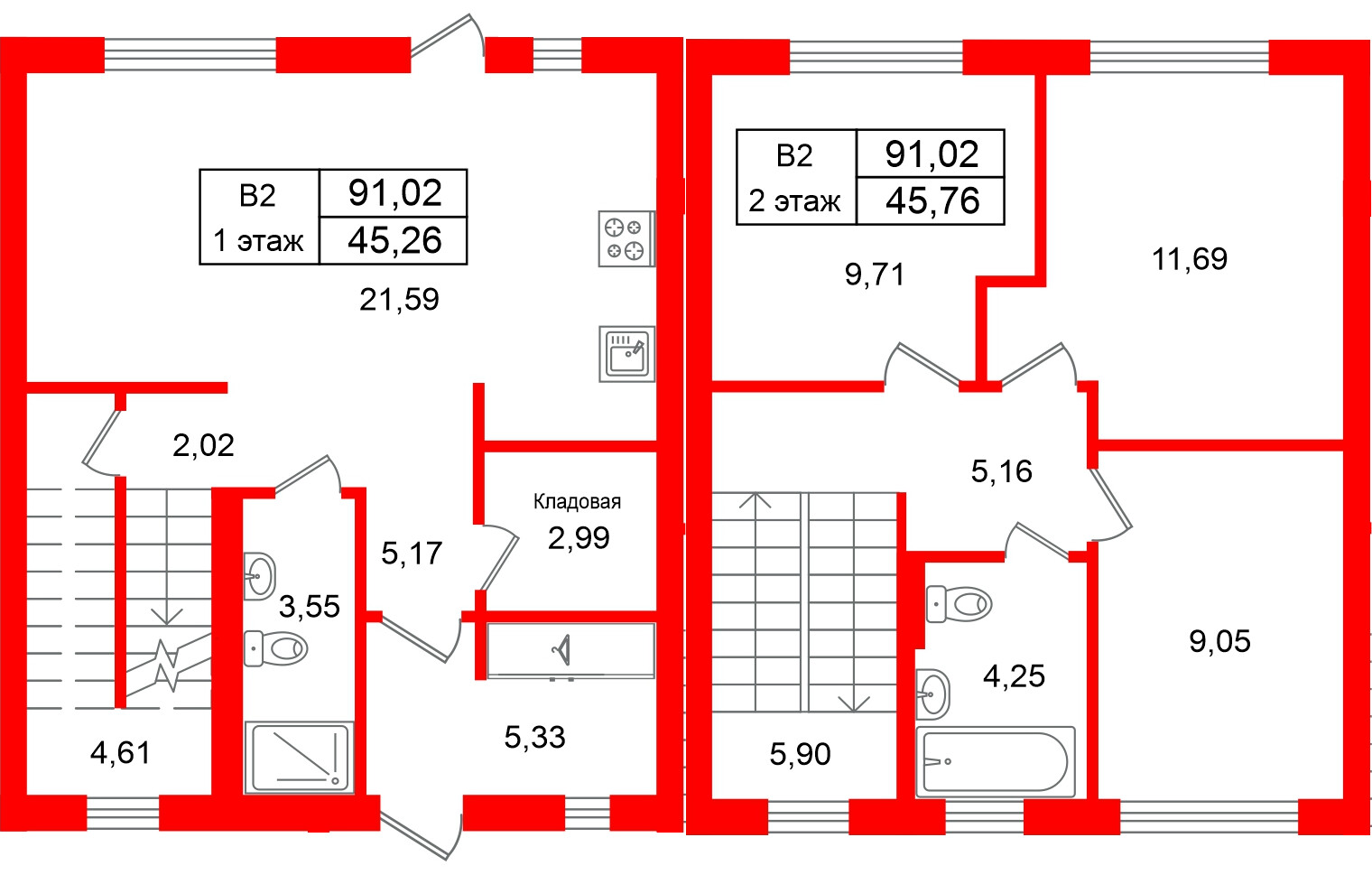 Квартира в ЖК СветЛО, 3 комнатная, 91.02 м², 1 этаж