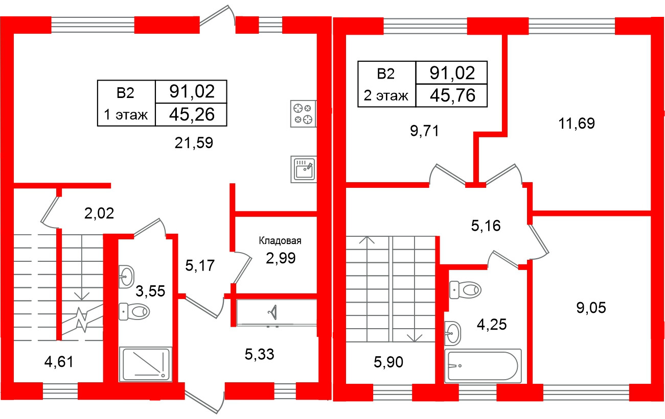 Квартира в ЖК СветЛО, 3 комнатная, 91.02 м², 1 этаж