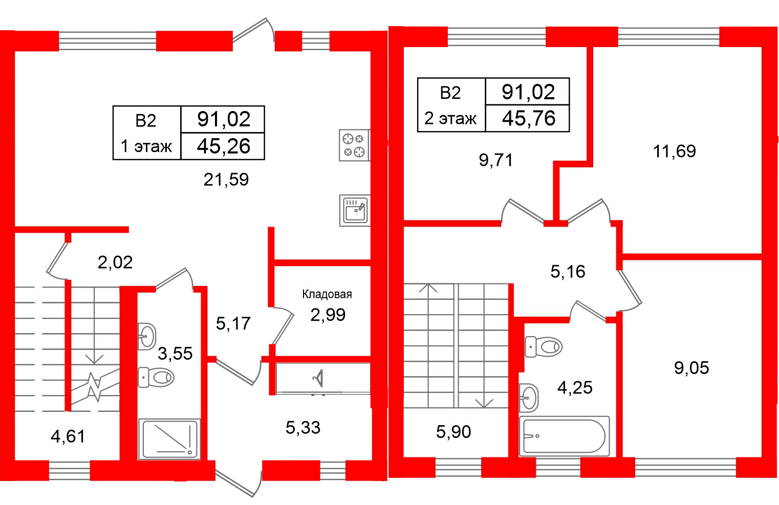 Квартира в ЖК СветЛО, 3 комнатная, 91.02 м², 1 этаж
