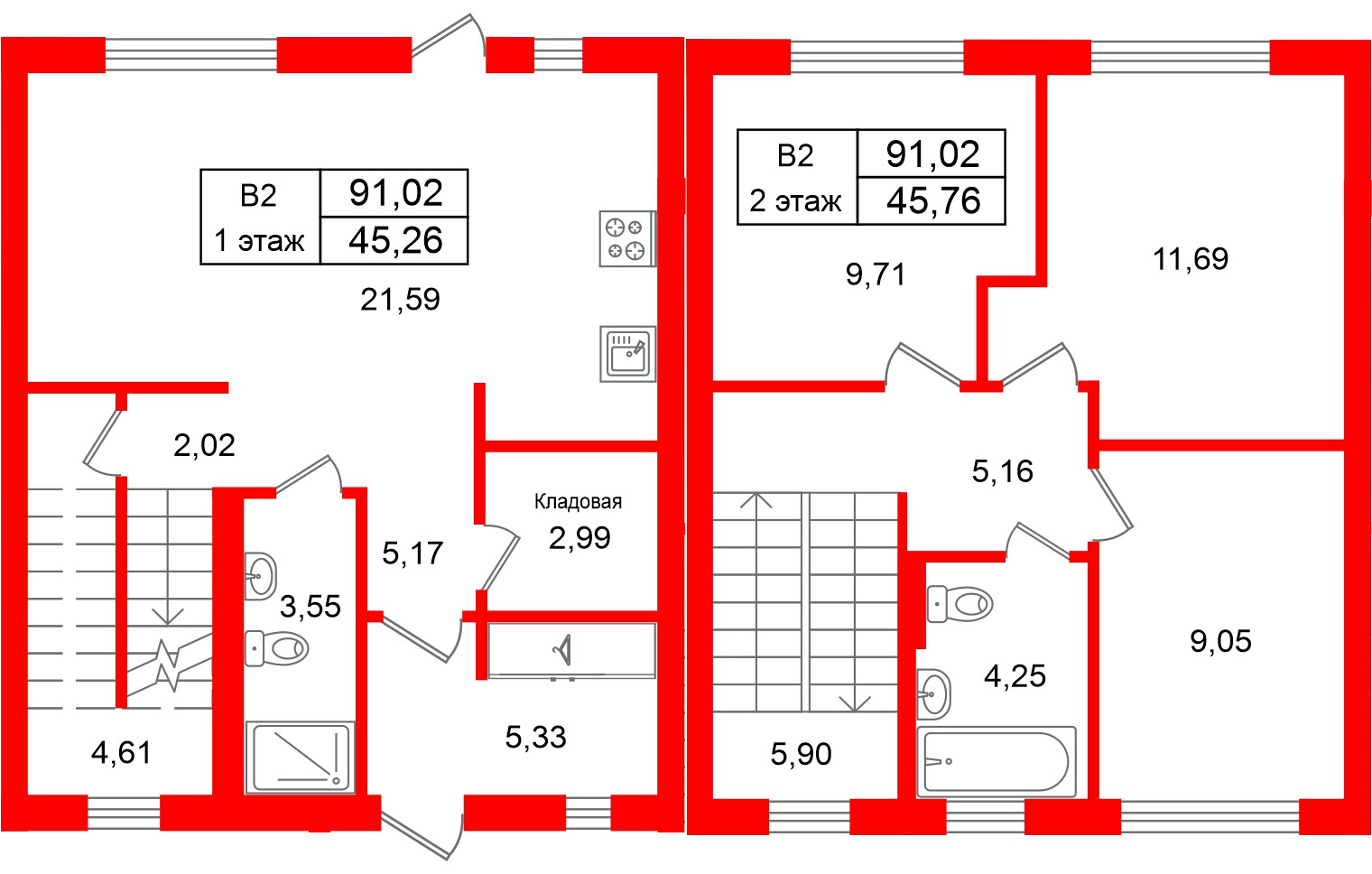 Квартира в ЖК СветЛО, 3 комнатная, 91.02 м², 1 этаж