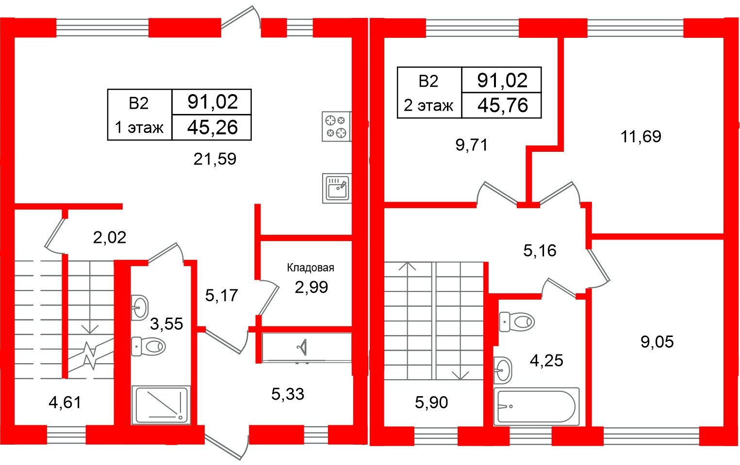 Квартира в ЖК СветЛО, 3 комнатная, 91.02 м², 1 этаж
