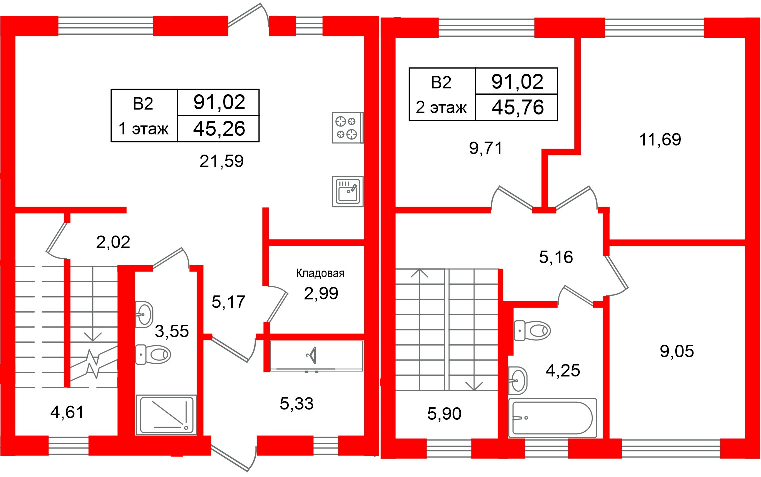 Квартира в ЖК СветЛО, 3 комнатная, 91.02 м², 1 этаж