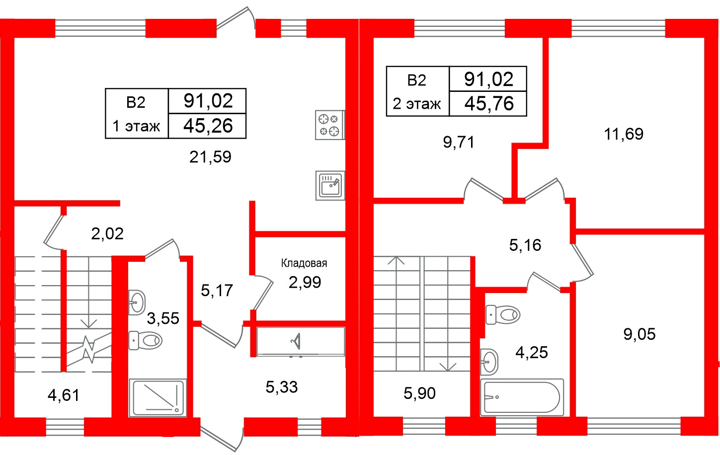 Квартира в ЖК СветЛО, 3 комнатная, 91.02 м², 1 этаж
