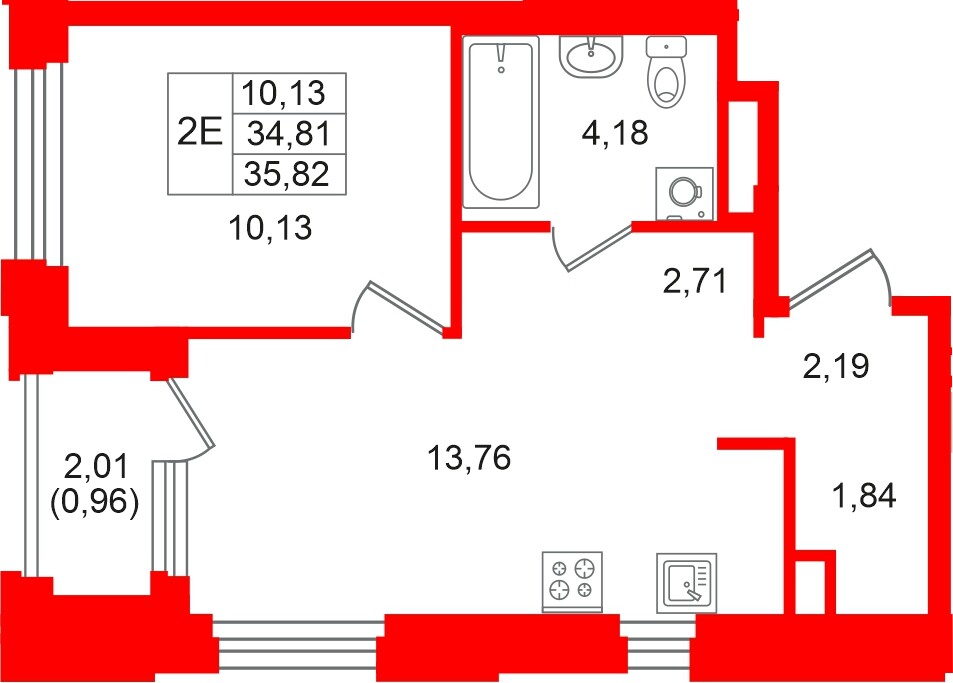 Квартира в ЖК «Кольский», 1 комнатная, 35.82 м², 11 этаж