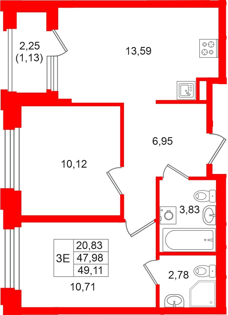 Квартира в ЖК «Кольский», 2 комнатная, 49.11 м², 11 этаж