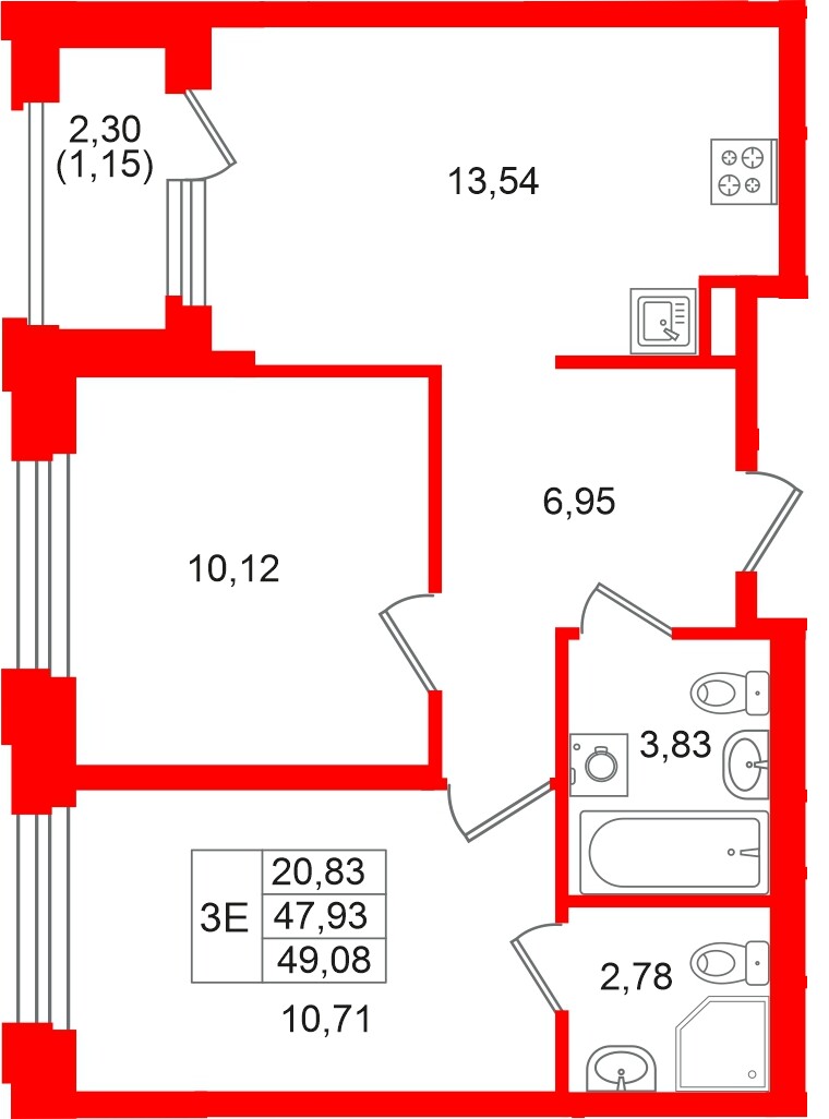 Квартира в ЖК «Кольский», 2 комнатная, 49.08 м², 15 этаж