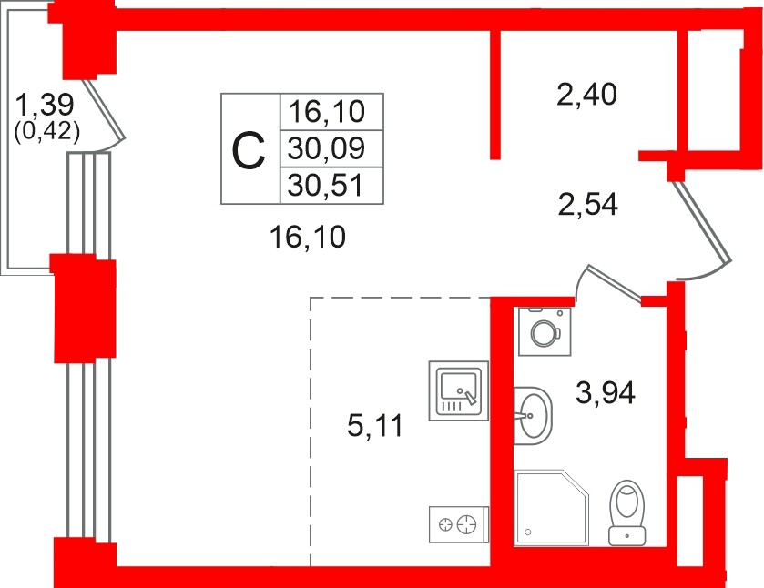 Квартира в ЖК «Кольский», студия, 30.51 м², 12 этаж