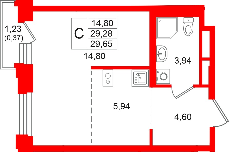 Квартира в ЖК «Кольский», студия, 29.65 м², 2 этаж