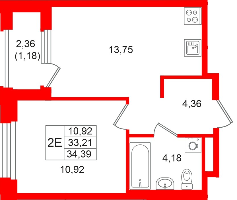 Квартира в ЖК «Кольский», 1 комнатная, 34.39 м², 12 этаж