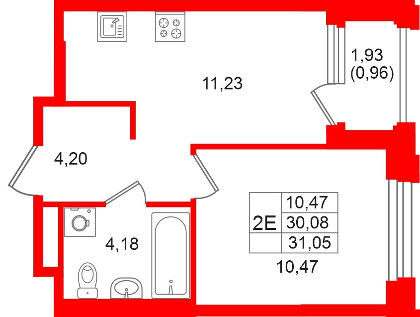 Квартира в ЖК «Кольский», 1 комнатная, 31.05 м², 11 этаж