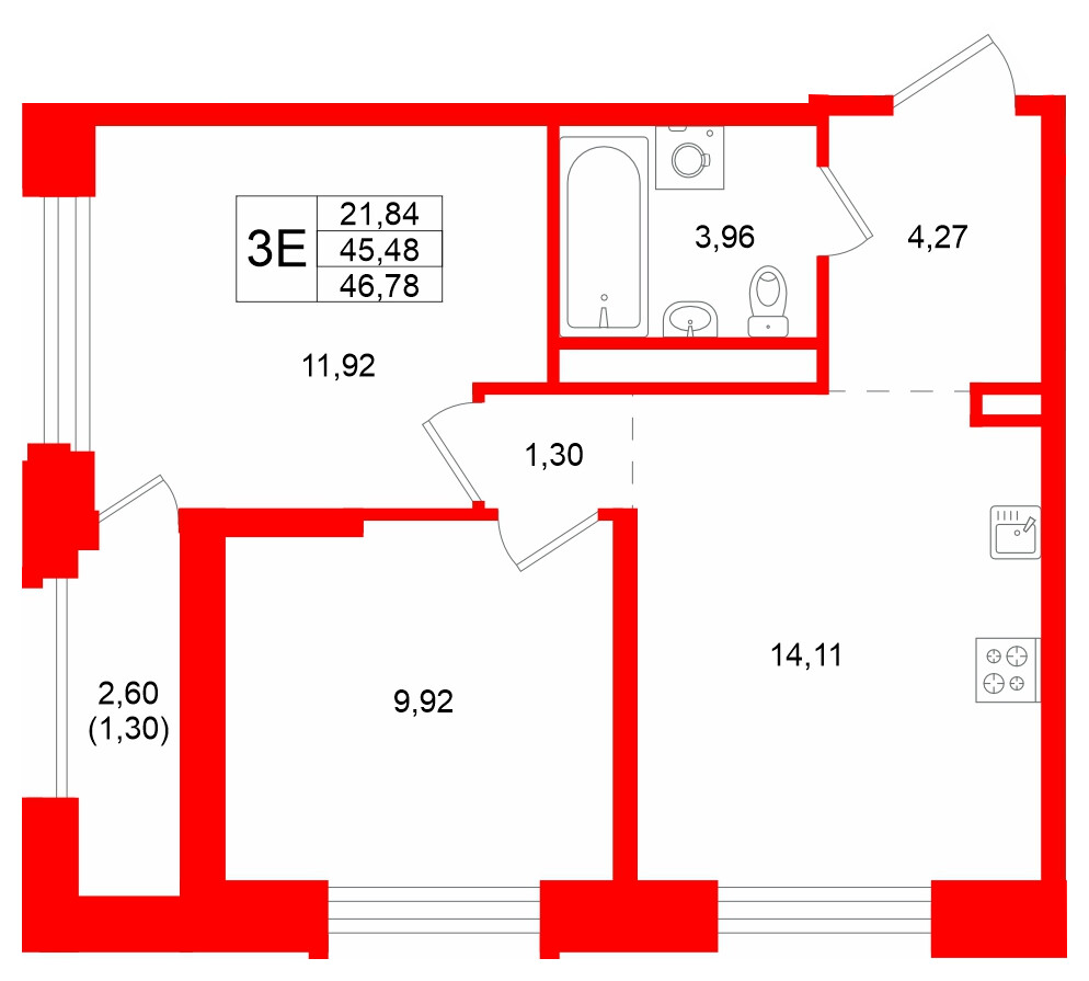 Квартира в ЖК GloraX Кольский, 2 комнатная, 46.78 м², 11 этаж