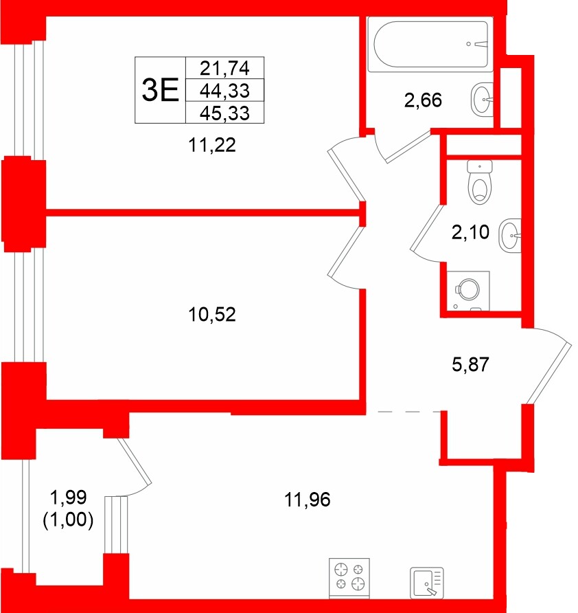 Квартира в ЖК «Кольский», 2 комнатная, 45.33 м², 15 этаж
