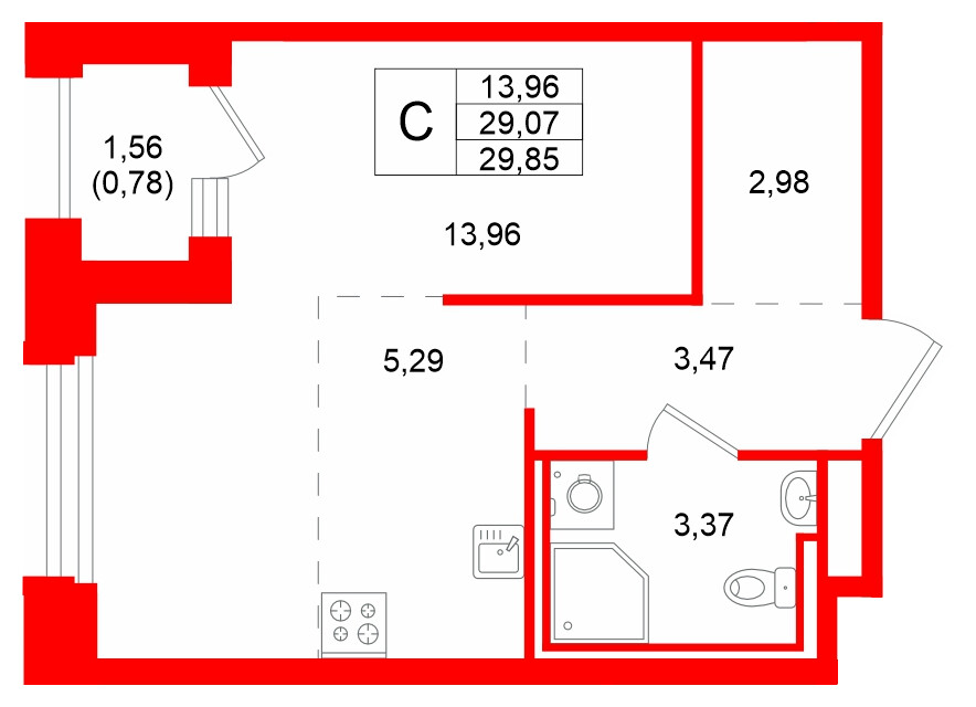 Квартира в ЖК GloraX Кольский, студия, 29.85 м², 12 этаж