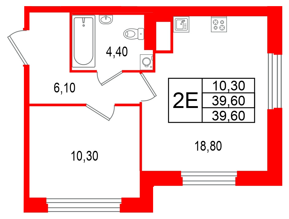 Квартира в ЖК Большая Охта, 1 комнатная, 39.6 м², 9 этаж