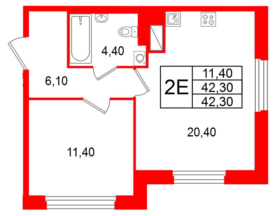Квартира в ЖК Большая Охта, 1 комнатная, 42.3 м², 4 этаж