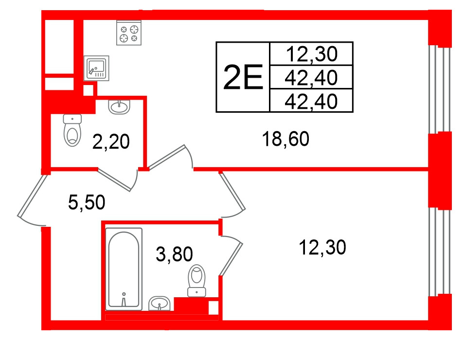 Квартира в ЖК Большая Охта, 1 комнатная, 42.4 м², 3 этаж