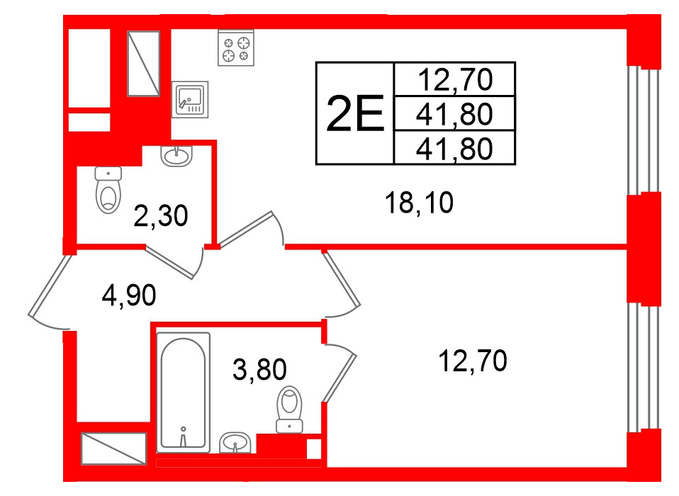 Квартира в ЖК Большая Охта, 1 комнатная, 41.8 м², 8 этаж