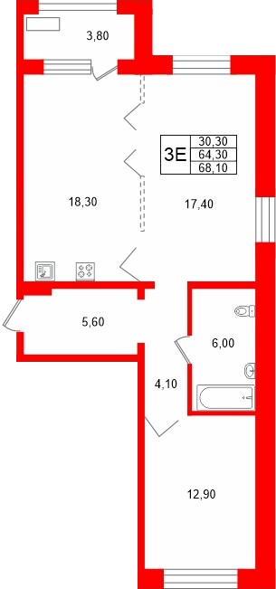 Квартира в ЖК «Сибирь», 2 комнатная, 68.1 м², 1 этаж