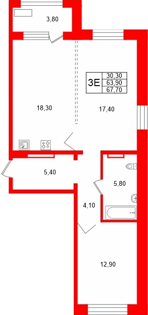 Квартира в ЖК «Сибирь», 2 комнатная, 67.7 м², 12 этаж