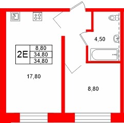 Планировка — 1-комн квартира, 34,8 м² в ЖК «Сибирь»