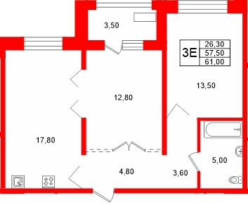 Квартира в ЖК «Сибирь», 2 комнатная, 61 м², 2 этаж
