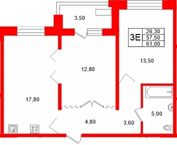 Квартира в ЖК «Сибирь», 2 комнатная, 61 м², 17 этаж
