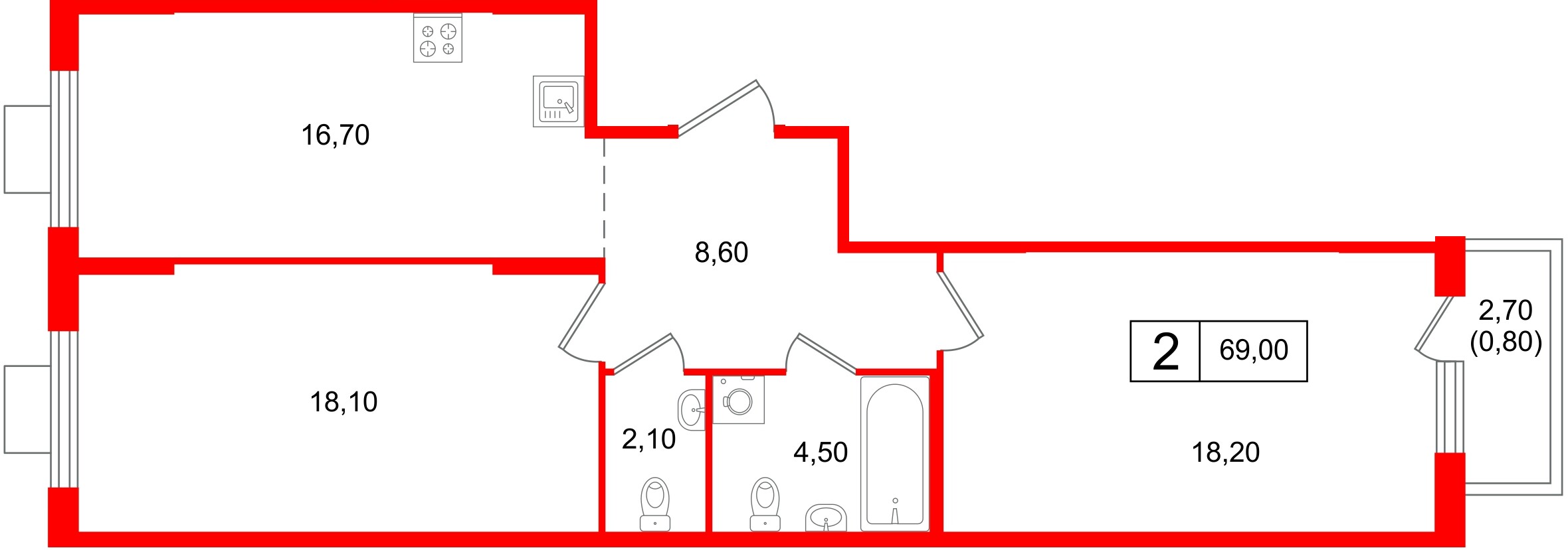 Квартира в ЖК «Ягодное Река Парк», 2 комнатная, 69 м², 7 этаж