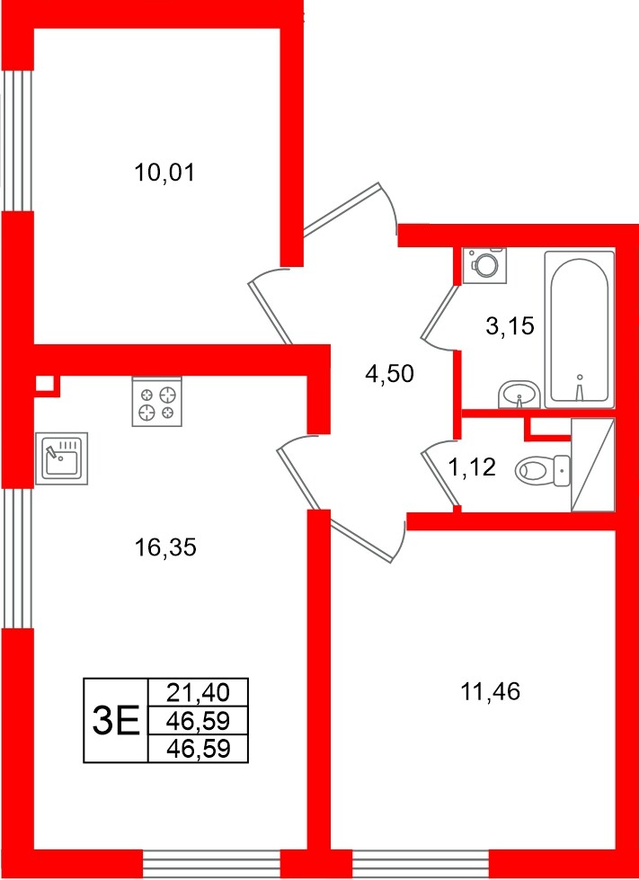 Квартира в ЖК 'Морская миля', 2 комнатная, 46.59 м², 4 этаж